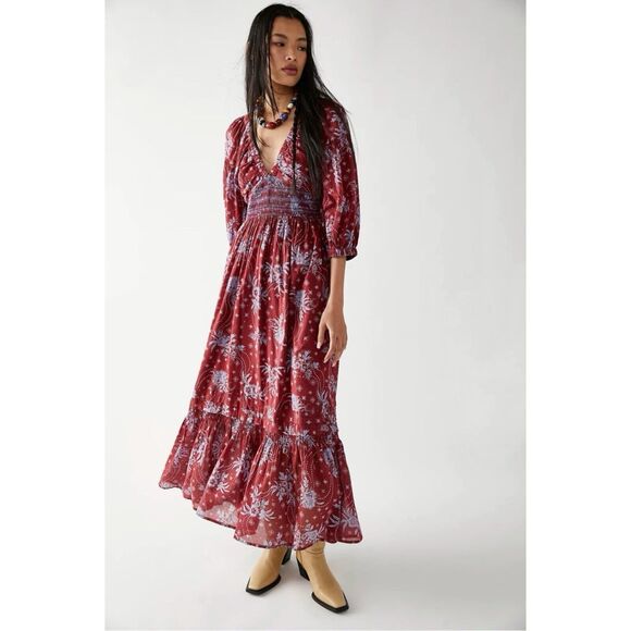 Free People Golden Hour Floral Print Smock Waist Wine Combo Maxi Dress - Picture 1 of 8